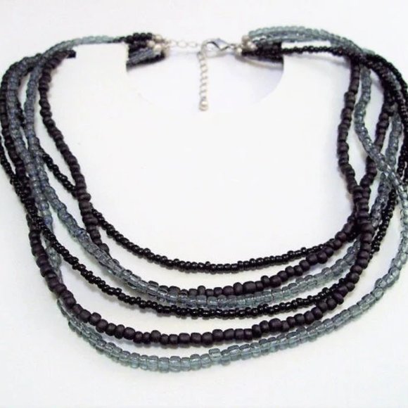 Black Grey Necklace Silver Tone Vintage Six Strand Seed Bead - Picture 4 of 5